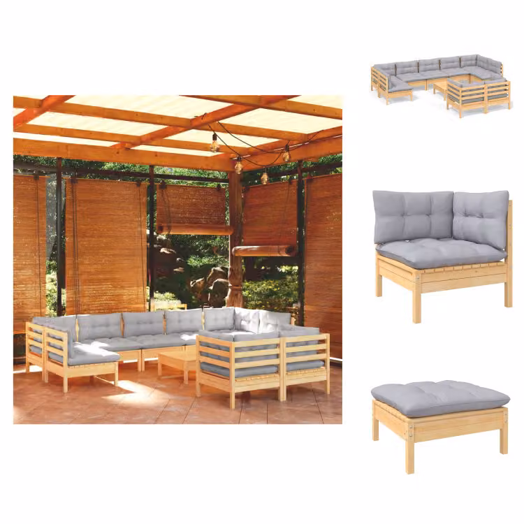 vidaXL Set di 10 pezzi da giardino con cuscini grigi in pino massiccio - Set di mobili da giardino