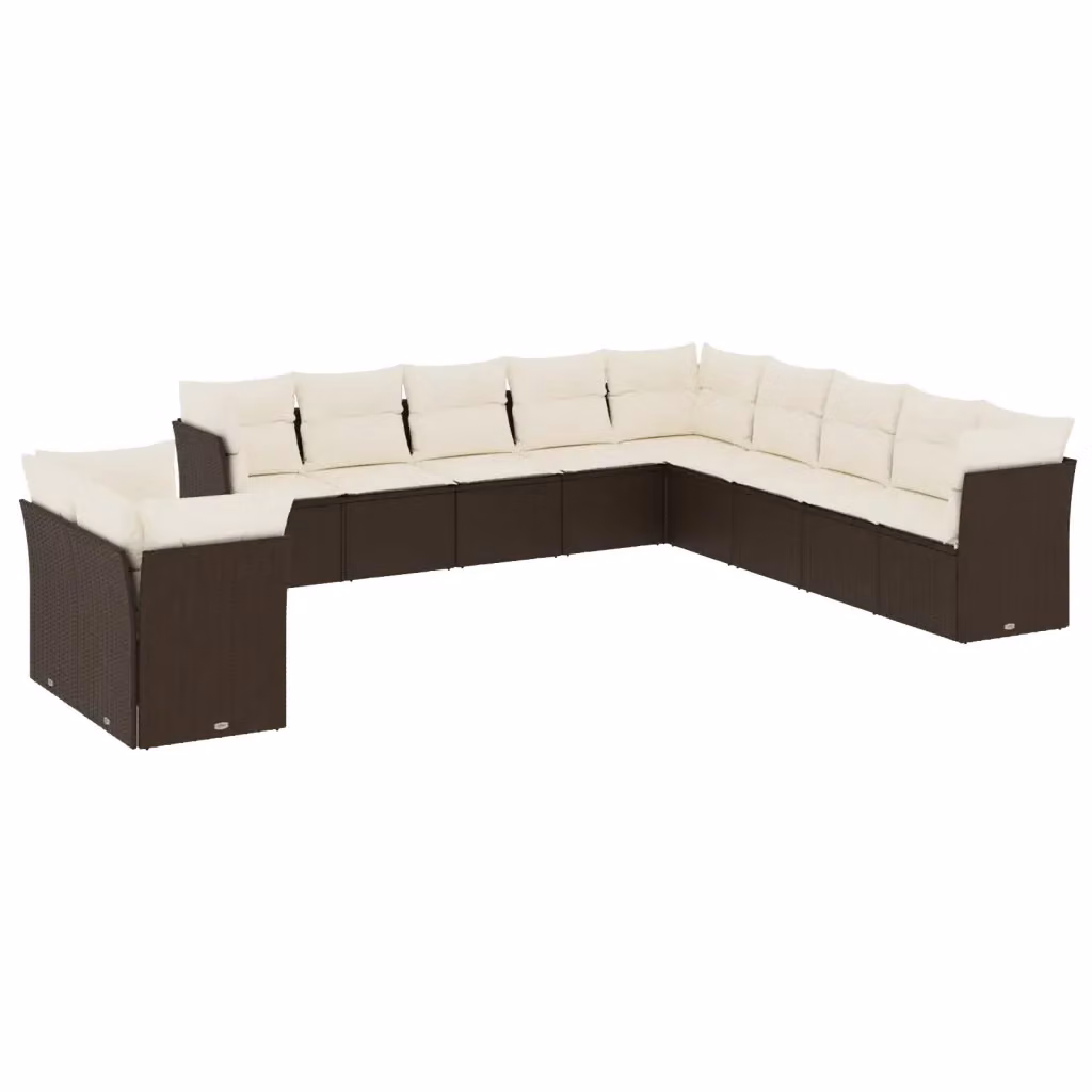 vidaXL Set Divani da Giardino 11 pz a Forma a L in Polyrattan Marrone con Cuscini Bianchi e Imbottitura Mix – 2