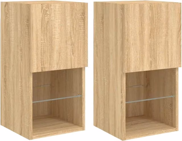 Set di 2 Mobili TV Moderni con Luci LED Integrate, Colore Rovere e Beige, Design a Parete, L/P/H: 30,5 x 30 x 60 cm