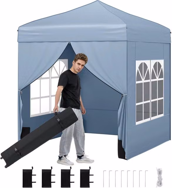Gazebo pieghevole da giardino moderno con struttura in metallo e pareti removibili, Grigio e Blu, Altezza: 194 cm – 1