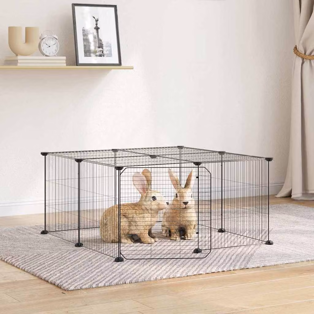 Gabbia per animali vidaXL in acciaio con 12 pannelli e porta, colore nero, L 70 cm x P 70 cm x H 35 cm