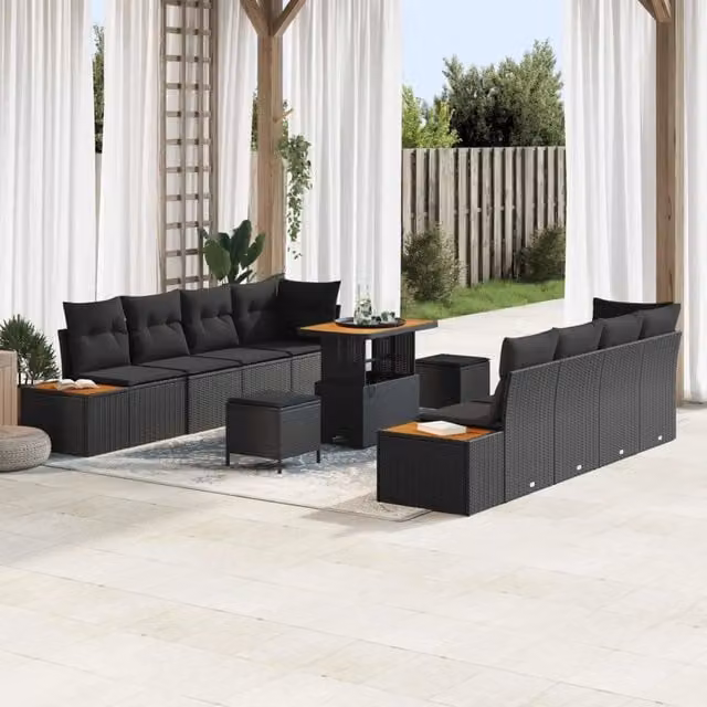 Set Divano da Giardino vidaXL a 11 posti in Forma a U con Cuscini e Tavolino Nero – 1