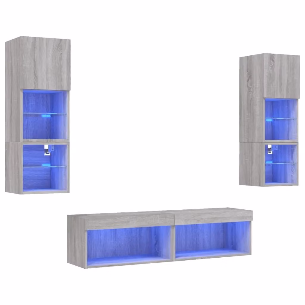 Mobile TV a muro vidaXL con illuminazione LED integrata, 6 pezzi, Grigio Sonoma, stile moderno – 2