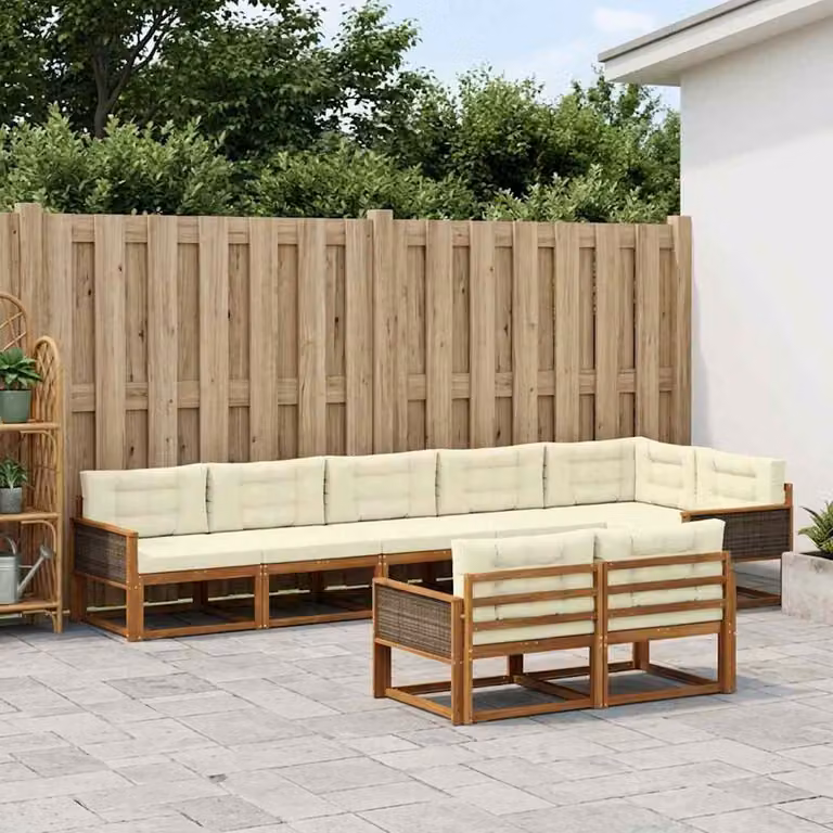 Set di divani da esterno vidaXL 8 pz in legno di acacia con cuscini, composizione a L con pouf, colori beige, bianco e marrone