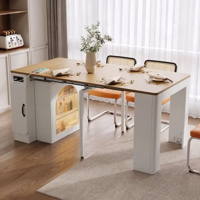 Mobile cucina con LED e prese USB Type-C, tavolo allungabile con 3 piani e 3 vani, per cucina e sala da pranzo