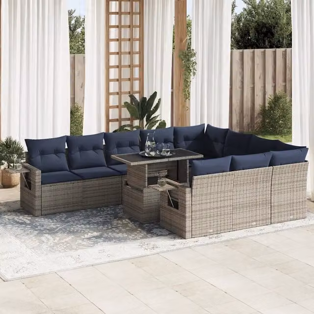 Set Divani Giardino 11 pz con Cuscini Polyrattan Acacia Grigio 3326552
