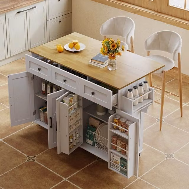 Isola Cucina Pieghevole con Ruote ¨C MINIMAL ¨C Bianco, 4 Porte, 3 Cassetti, 140x43x90.5 cm