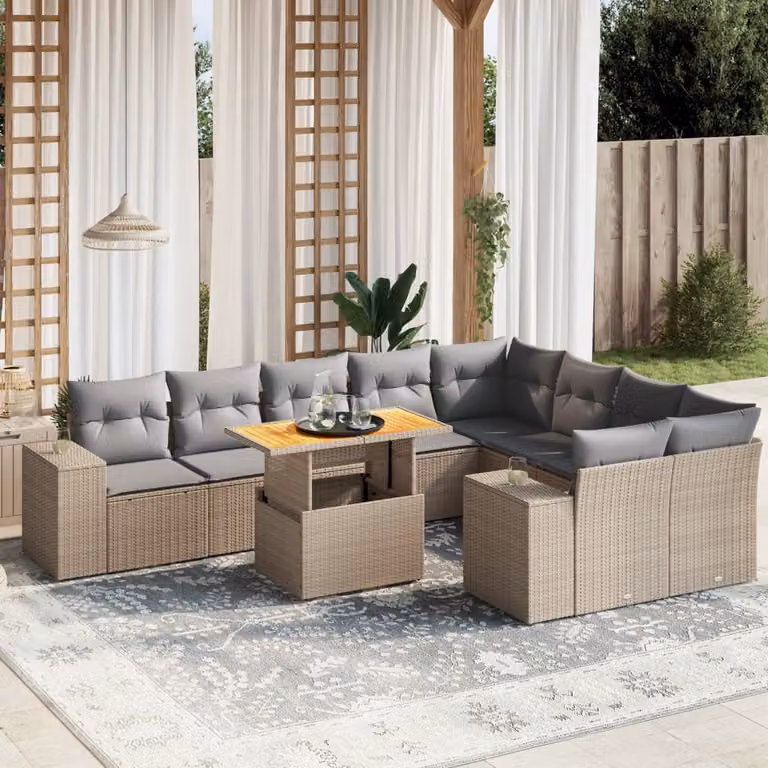 vidaXL Set Divano da Giardino a L 10 pz con Cuscini Beige e Tavolino in Polyrattan e Legno di Acacia