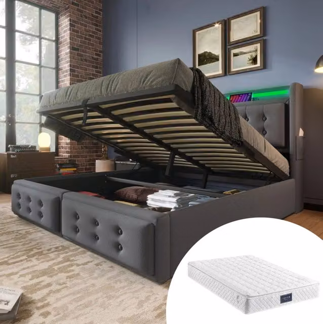 Letto matrimoniale imbottito ULEVR 160x200 cm con contenitore a gas, LED, USB-C e materasso H3 grigio