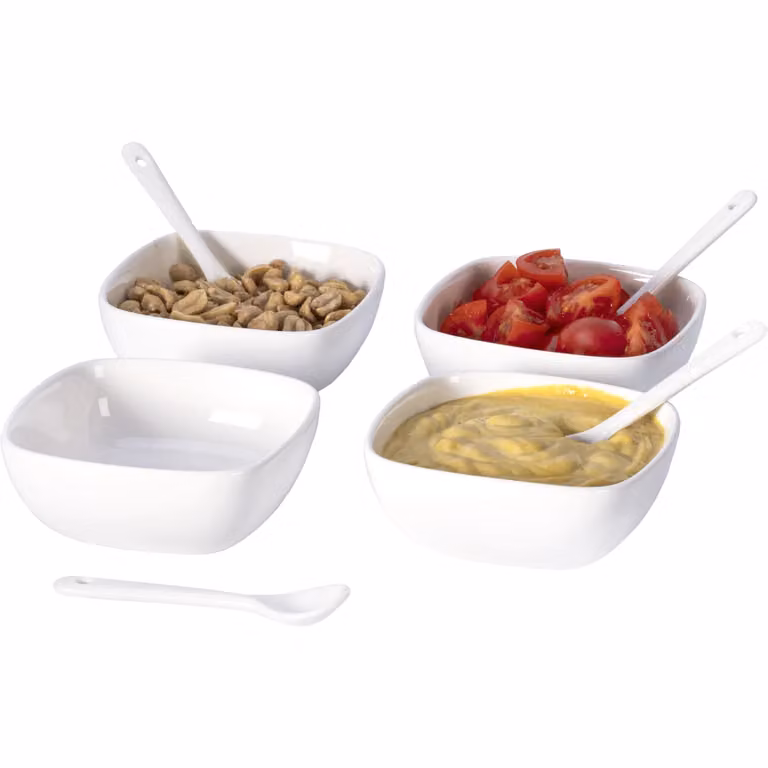 Set di 4 ciotoline in ceramica bianca con 4 cucchiaini Gusto Casa