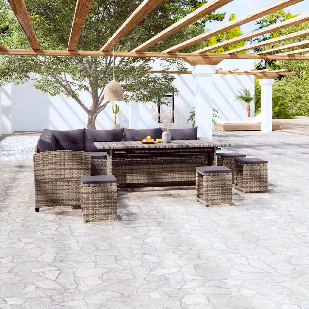 Set da giardino vidaXL in rattan grigio con cuscini, tavolino e pouf per 6 persone