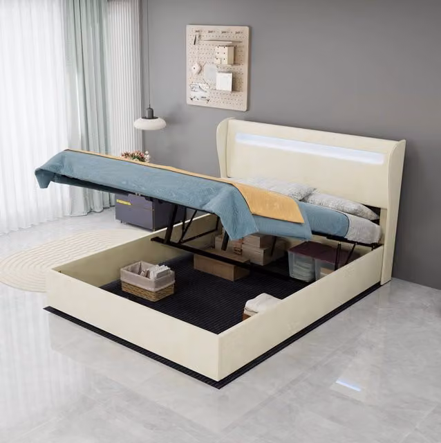 Letto LED in tessuto con schienale regolabile; beige; 140 x 200 cm