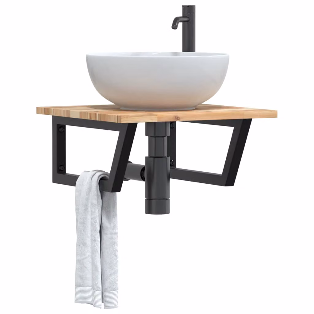 vidaXL Ripiano a Parete per Lavabo in Acciaio e Legno di Acacia, Nero e Marrone