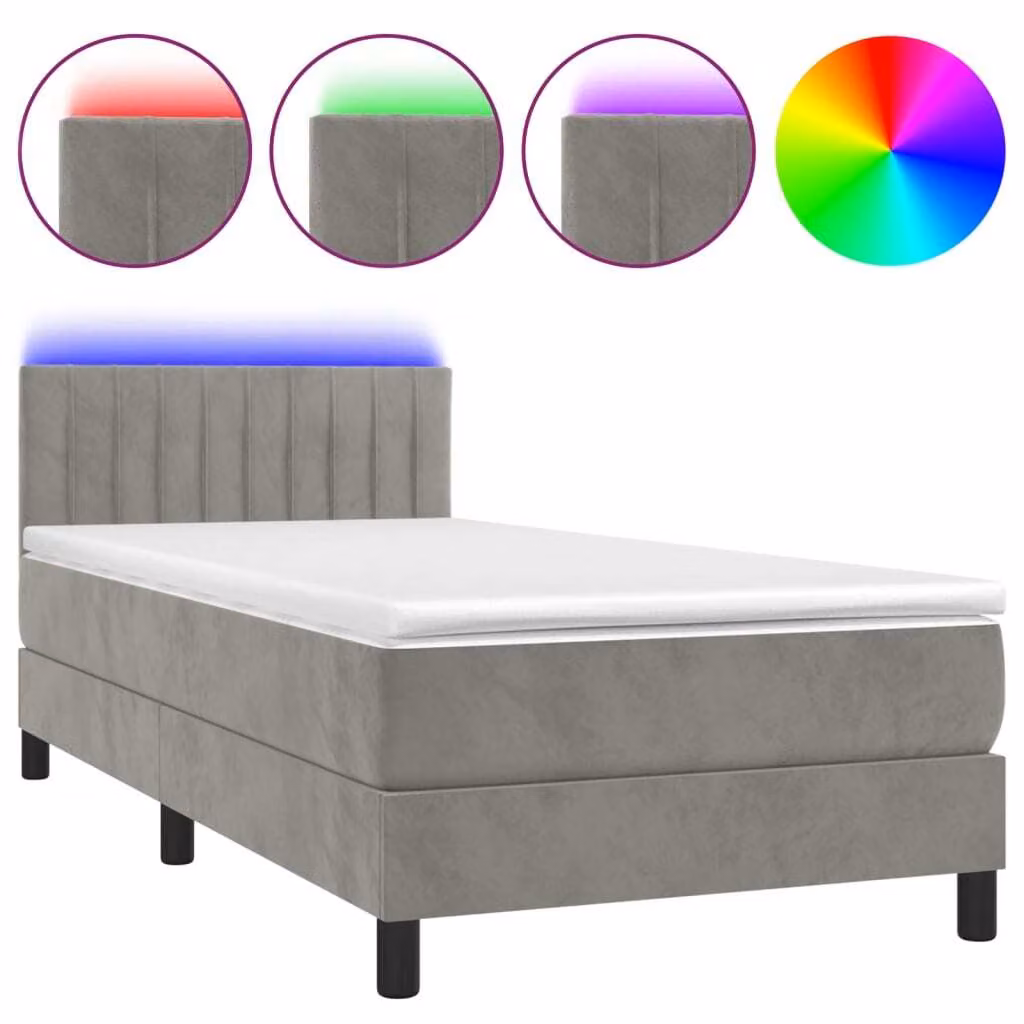 Letto a Molle con Materasso e LED Grigio Chiaro 90x190 cm Velluto