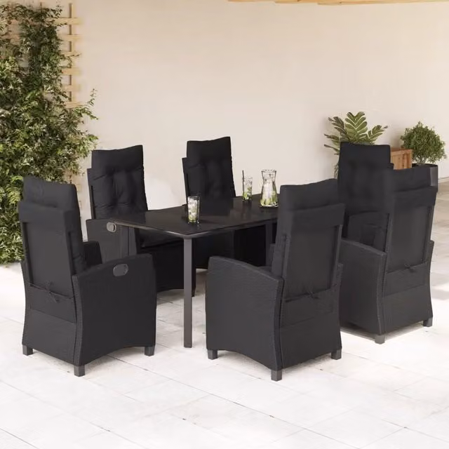 Set da Pranzo da Giardino vidaXL in Polyrattan Nero con Tavolo in Vetro e 7 Sedute