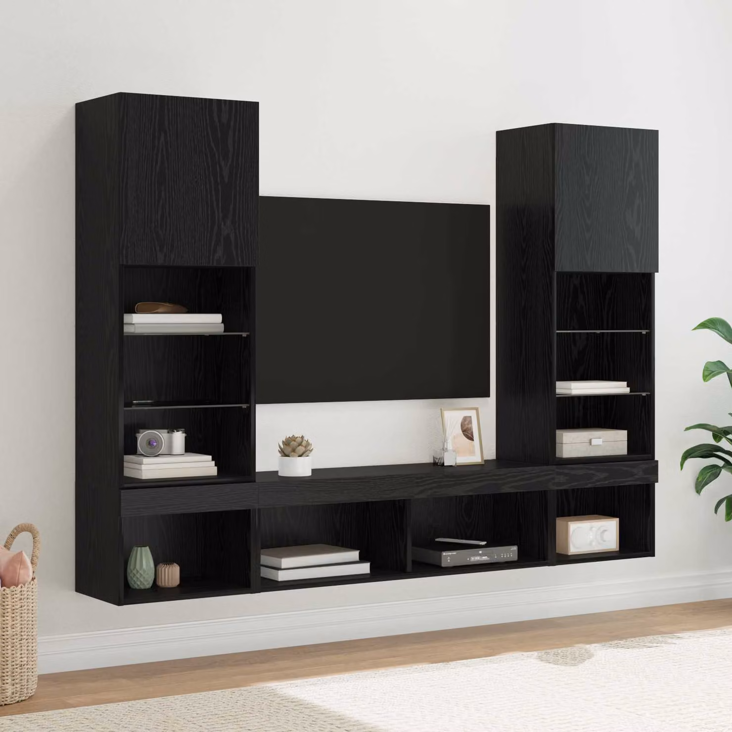 Unità a muro per TV moderna vidaXL con illuminazione LED integrata in rovere e nero – 1