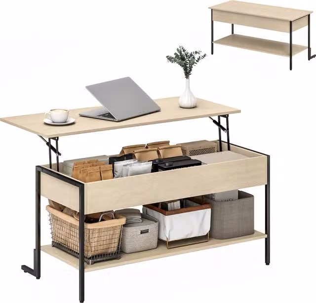 Tavolino da soggiorno HOMCOM con piano sollevabile, vano nascosto e scaffale aperto, legno naturale, L: 95 cm, P: 40 cm, H: 59 cm