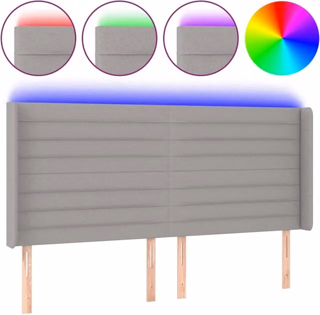 Testata del letto moderna con illuminazione LED e porta di ricarica USB in tessuto grigio chiaro, L: 183 cm, P: 16 cm, H: 118/128 cm