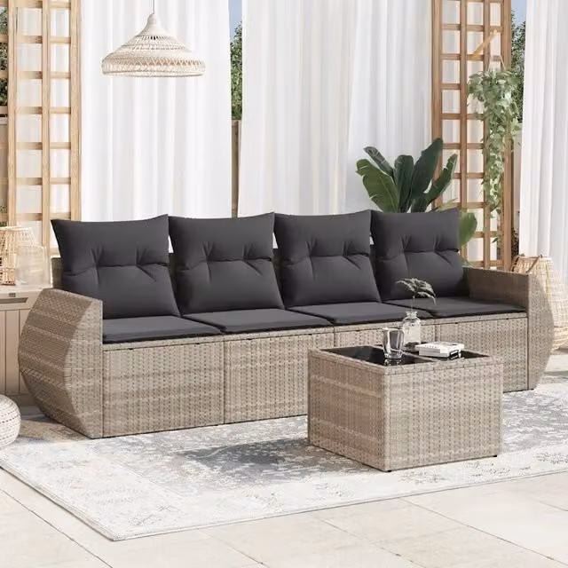 Set Divano da Giardino 5pz con Cuscini-Sofa da Giardino-Divanetto da esterno Grigio Chiaro Polyrattan 747216