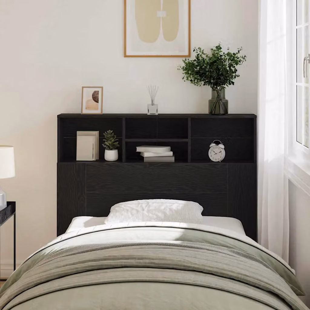 Testata del letto moderna vidaXL in legno ingegnerizzato rovere nero con ripiano integrato L 120 x H 103,5 x P 19 cm