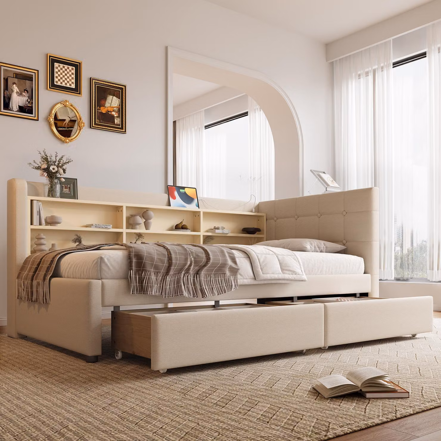 okwish Divano letto 90x200 senza materasso, Daybett con 2 cassetti e griglia, Daybed con USB e Type-C, con diversi ripiani, beige