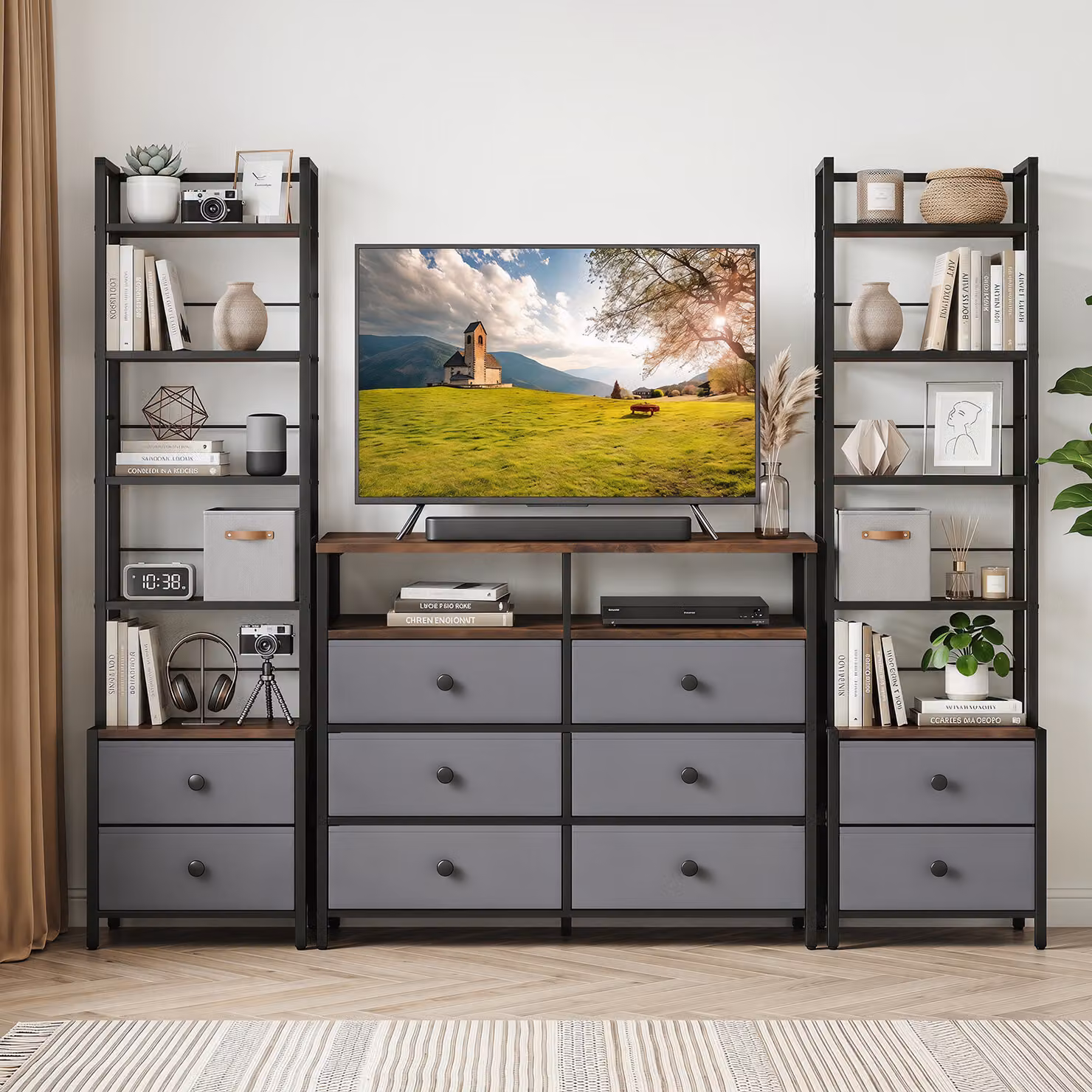 Scaffale multimediale Costway per soggiorno con 5 ripiani, 2 cassetti in tessuto pieghevoli e struttura in metallo, colore nero e marrone