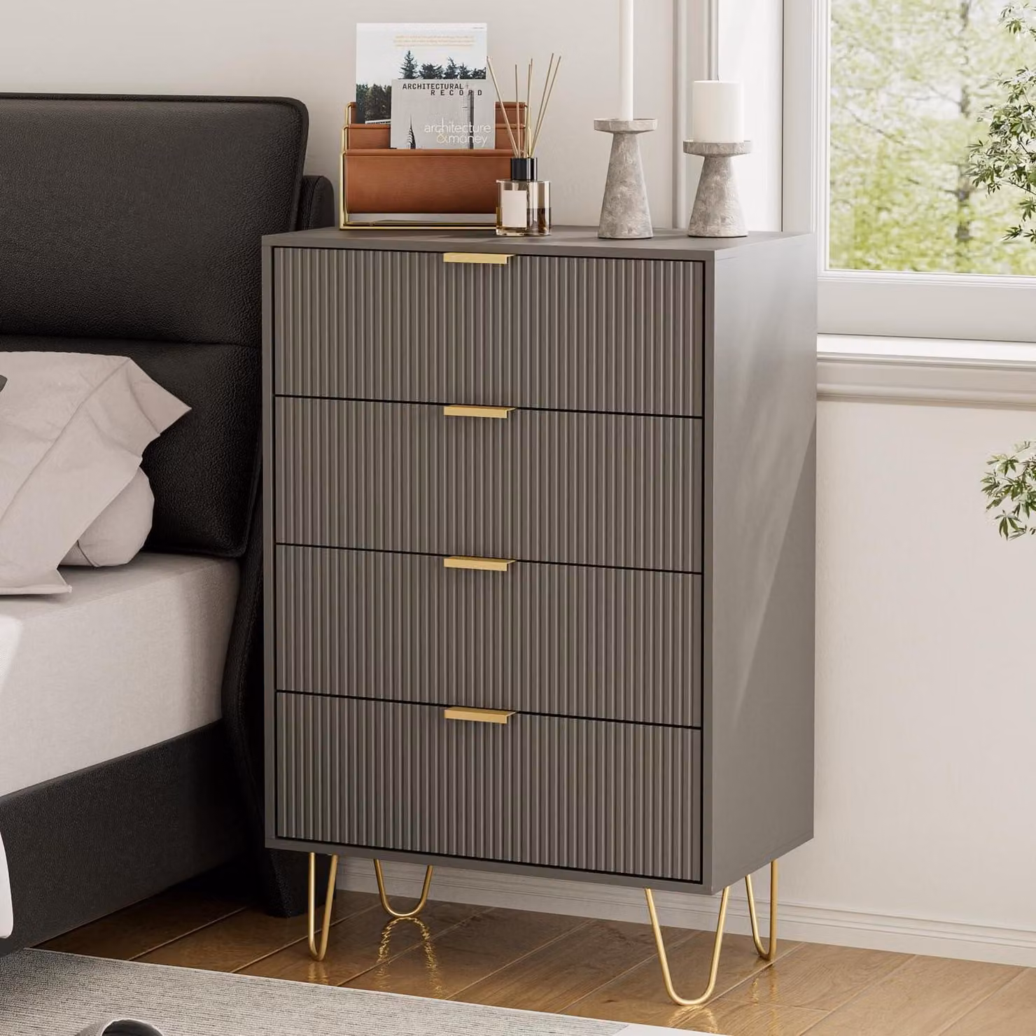 Comodino o mobiletto contenitore con 4 cassetti, dimensioni 34x60x91 cm, colore grigio, realizzato in legno con gambe dorate