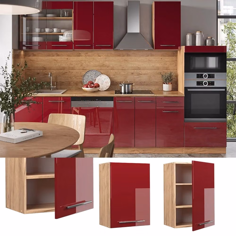 Pensile da cucina Vicco Fame-Line moderno in MDF e metallo, finitura lucida bordeaux e rovere, L: 50 cm – 2