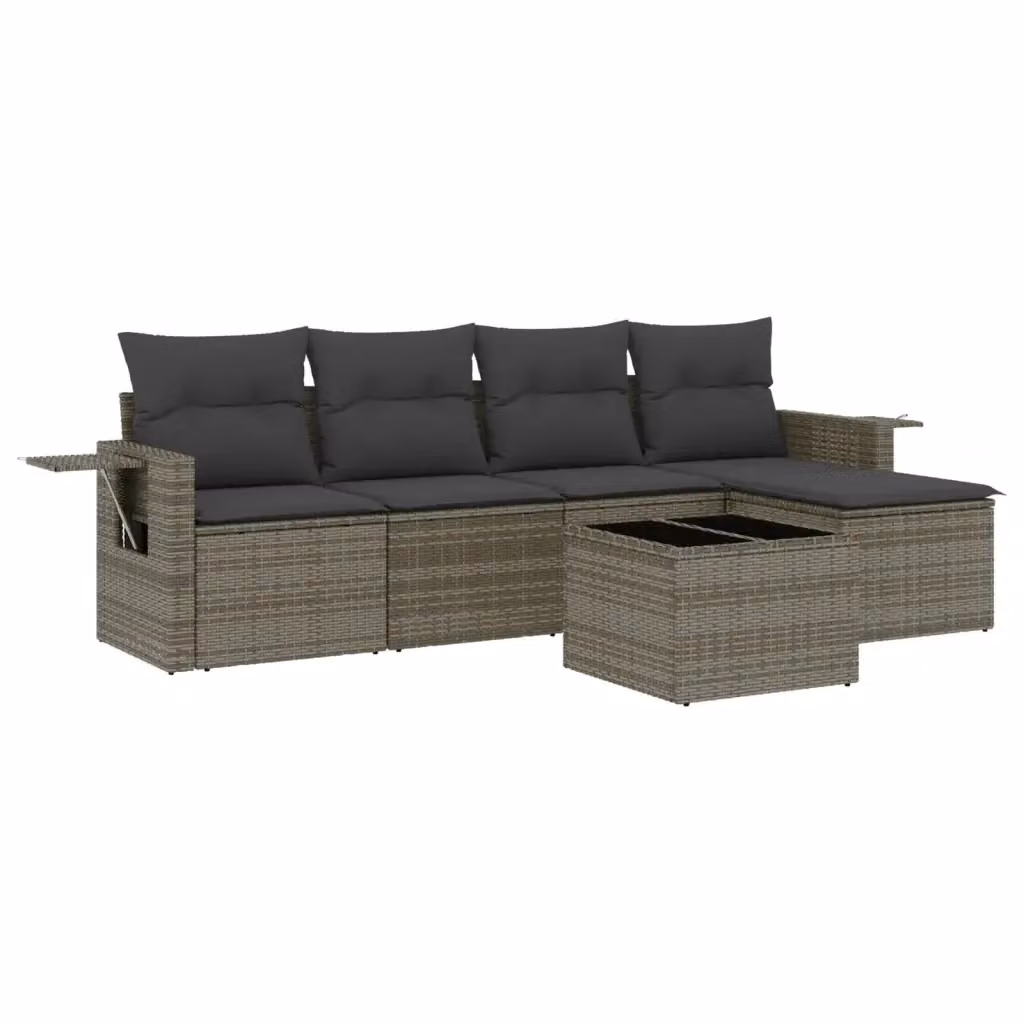 vidaXL Set Divano da Giardino 6 pz a Forma di L in Polyrattan Grigio con Cuscini Imbottiti e Tavolino – 2