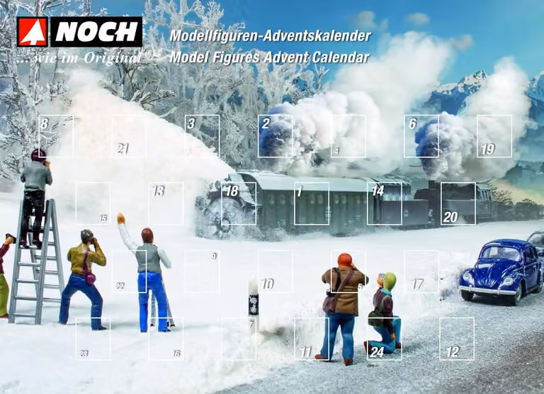 Calendario dell'Avvento con figure, composto da 25 personaggi dipinti a mano, per modellismo ferroviario in scala H0