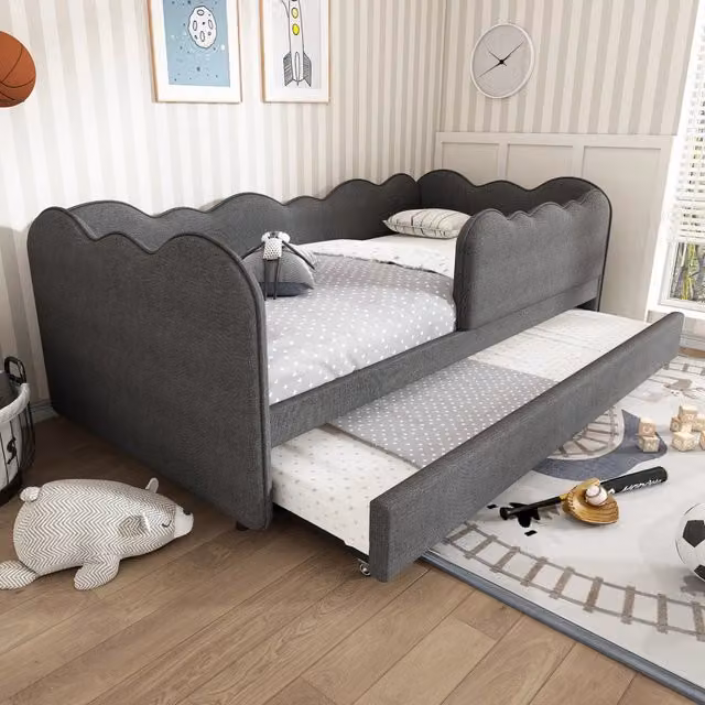 Letto daybed con letto estraibile WISHDOR per bambini in tessuto grigio, L/P/H: 190 x 90 x 70 cm