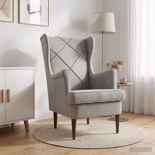 Poltrona moderna in velluto grigio chiaro con braccioli e struttura in legno e metallo DESIGN IN – 1