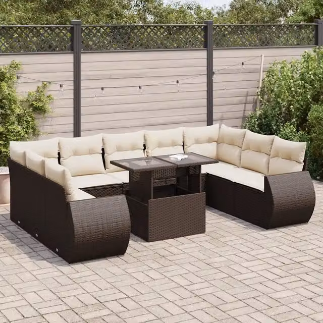 Set di divani da giardino vidaXL composto da 10 pezzi con cuscini in polyrattan marrone e bianco per esterno e terrazza