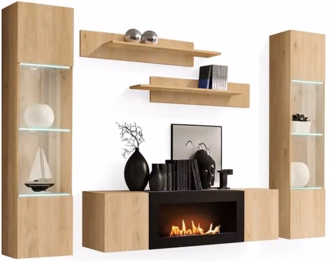 Composizione murale FLY Meublorama in Rovere chiaro con vetrine LED, scaffali e mobile TV con camino bio-etanolo, L: 260 cm, H: 170 cm, P: 40 cm – 1