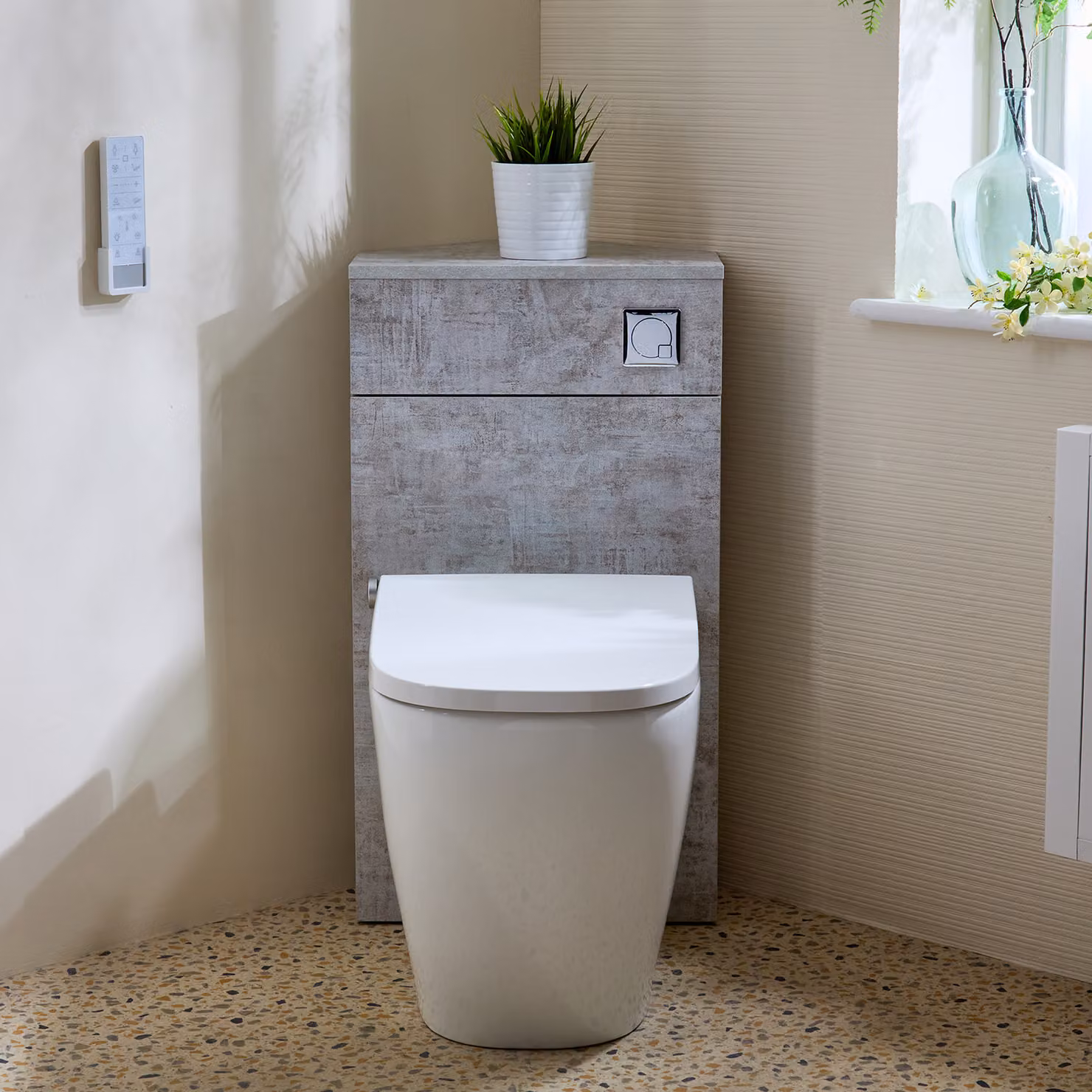 Mobile WC angolare Grigio Cemento con smart toilet Hirayu, sanitario + bidet integrato, pulsante cromato - Cluo