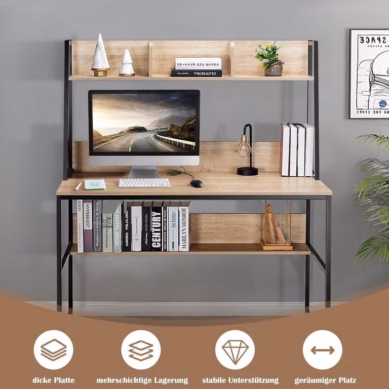Scrivania per computer con ripiano, libreria e piedini regolabili, tavolo da lavoro naturale
