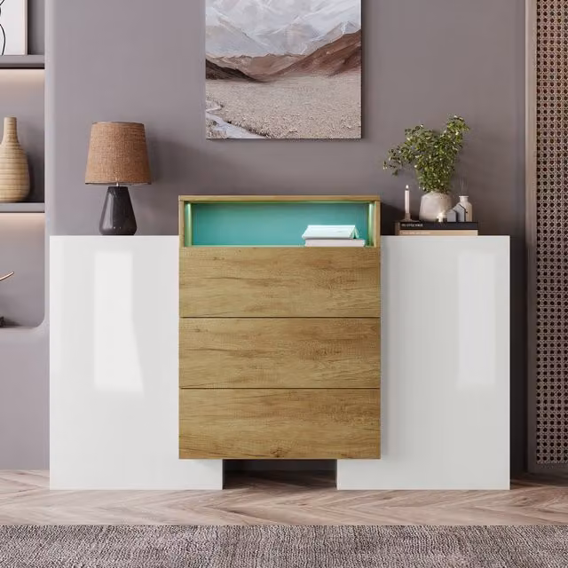 Credenza Moderna Aosom per Cucina o Soggiorno con LED, 2 Ante, 2 Ripiani e 3 Cassetti, Bianco e Legno Naturale, L 140 x P 30 x H 77.5 cm