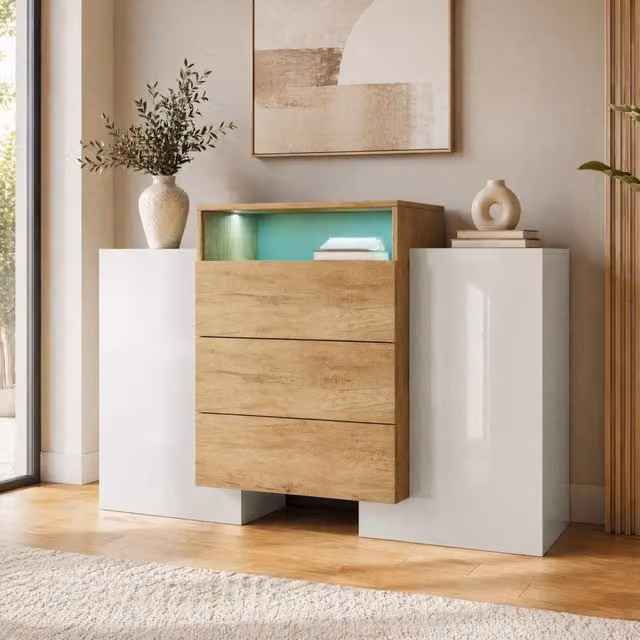 Credenza 140 cm in MDF bianco lucido e colore legno con LED multicolore; 2 ante e 3 cassetti