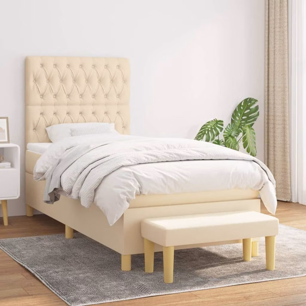 vidaXL Giroletto a Molle Ibrido con Materasso in Tessuto Beige e Bianco L/P/H: 200 x 90 x 128 cm
