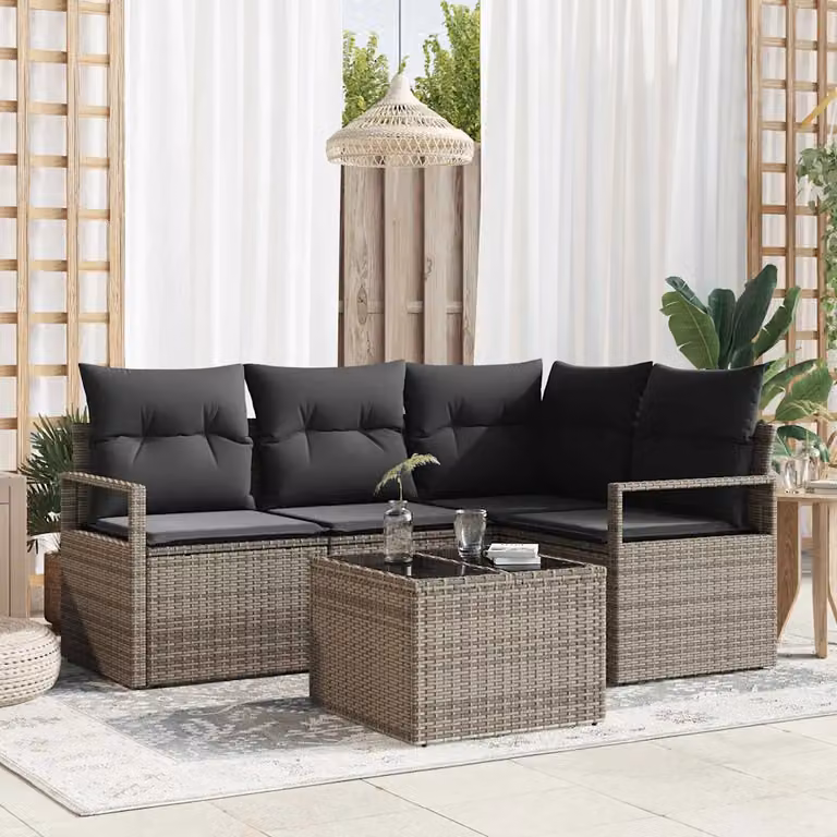 Set di divani da giardino vidaXL a forma di L con tavolo da caffè e cuscini, colore grigio, struttura in metallo e rattan resistente ai raggi UV