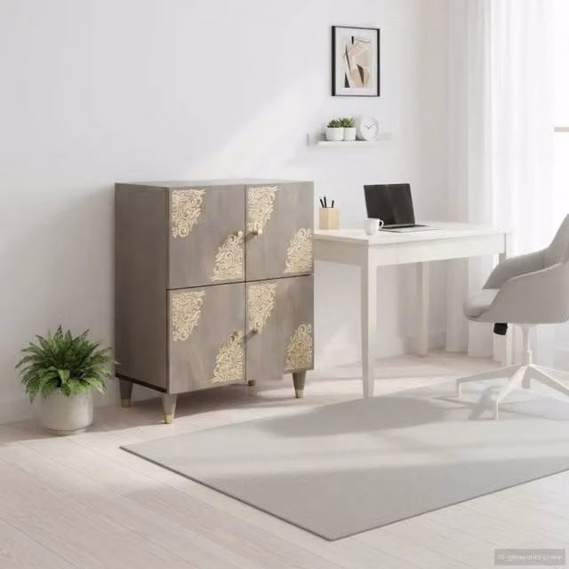 Credenza Buffet Armadio da Cucina vidaXL in Legno di Mango Massello Grigio e Oro L: 60 cm, P: 33 cm, H: 75 cm