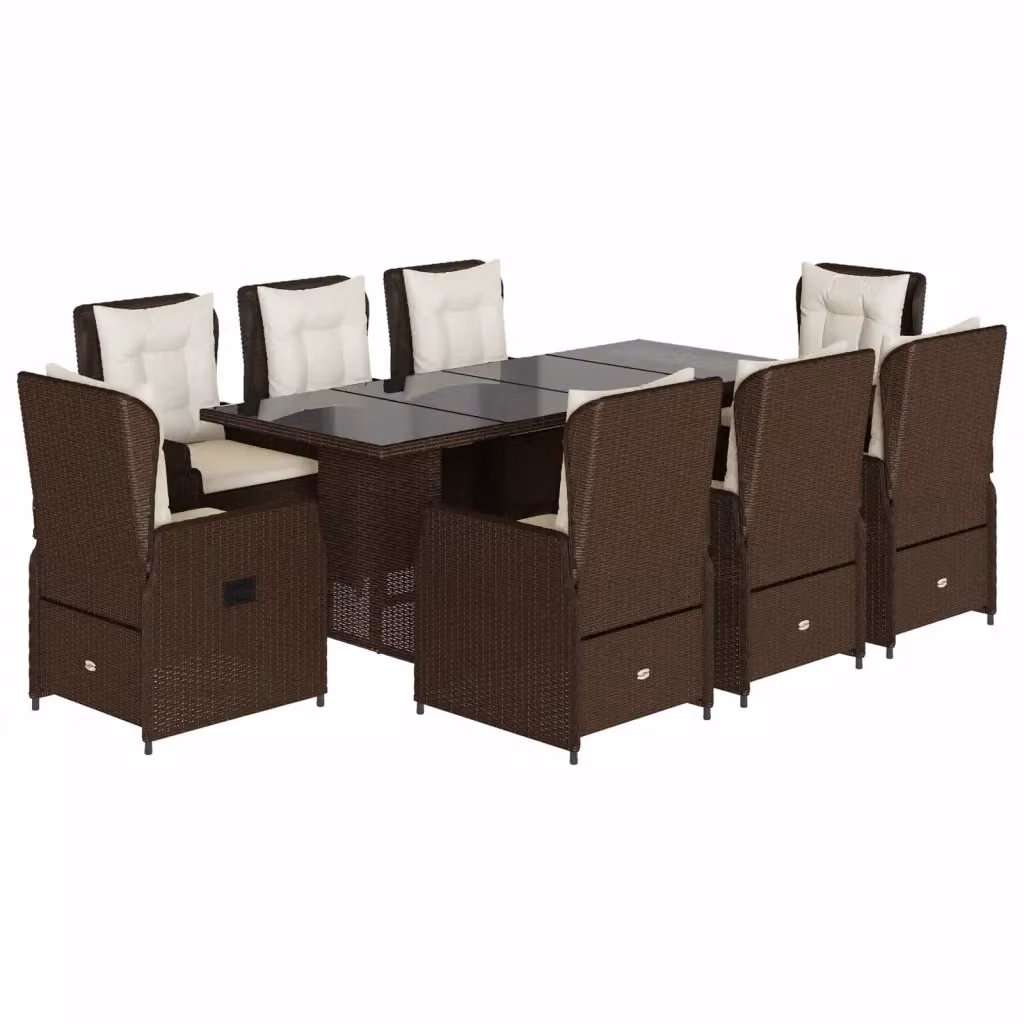 Set da Pranzo da Giardino vidaXL in Polyrattan Marrone con Cuscini Bianchi e Tavolo in Vetro, 9 Pezzi – 2