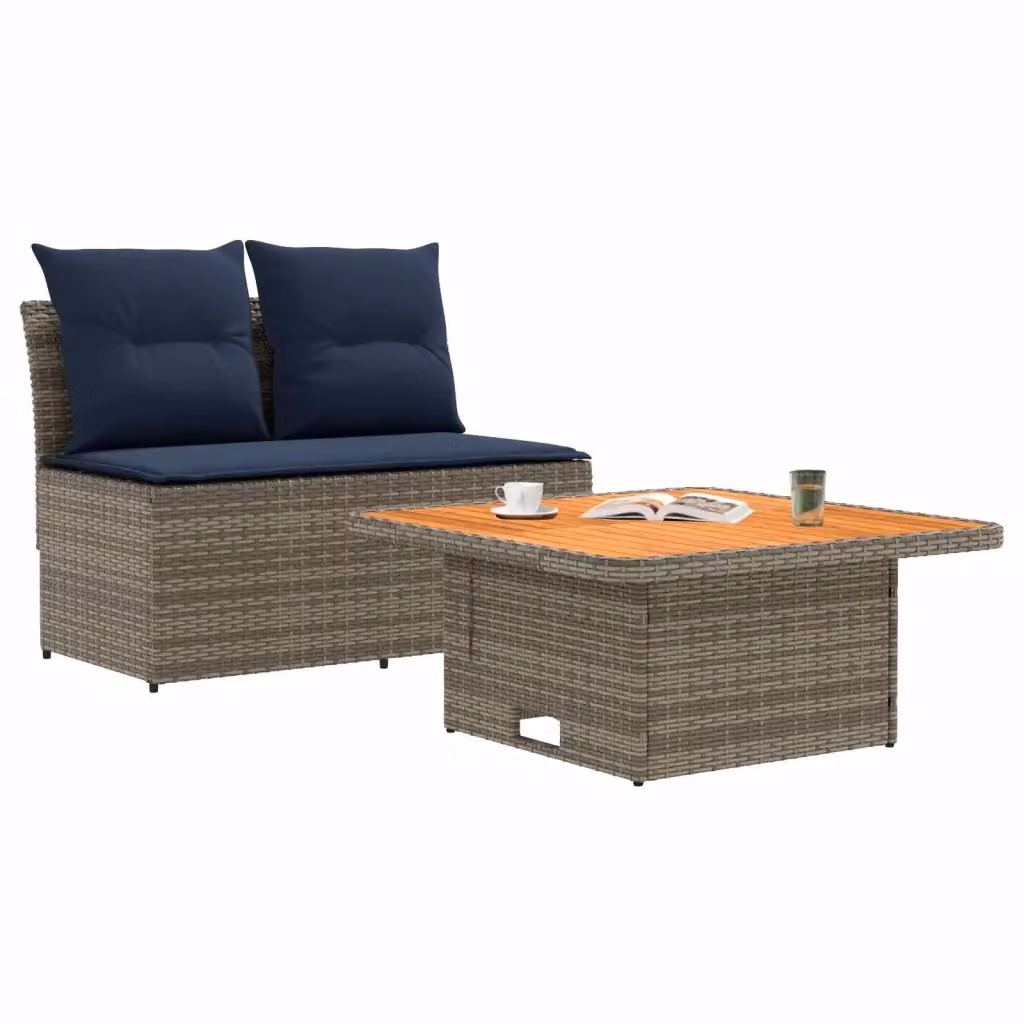 Set da giardino composto da divano a 2 posti e tavolino con struttura in acciaio verniciato a polvere e cuscini in poliestere resistente ai raggi UV, colori grigio e blu – 2
