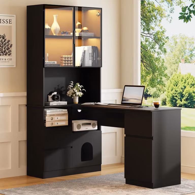 Scrivania okwish con 3 cassetti, mobile contenitore alto con vetrina in vetro a LED e ripiani aperti, foro per cavi, colore nero