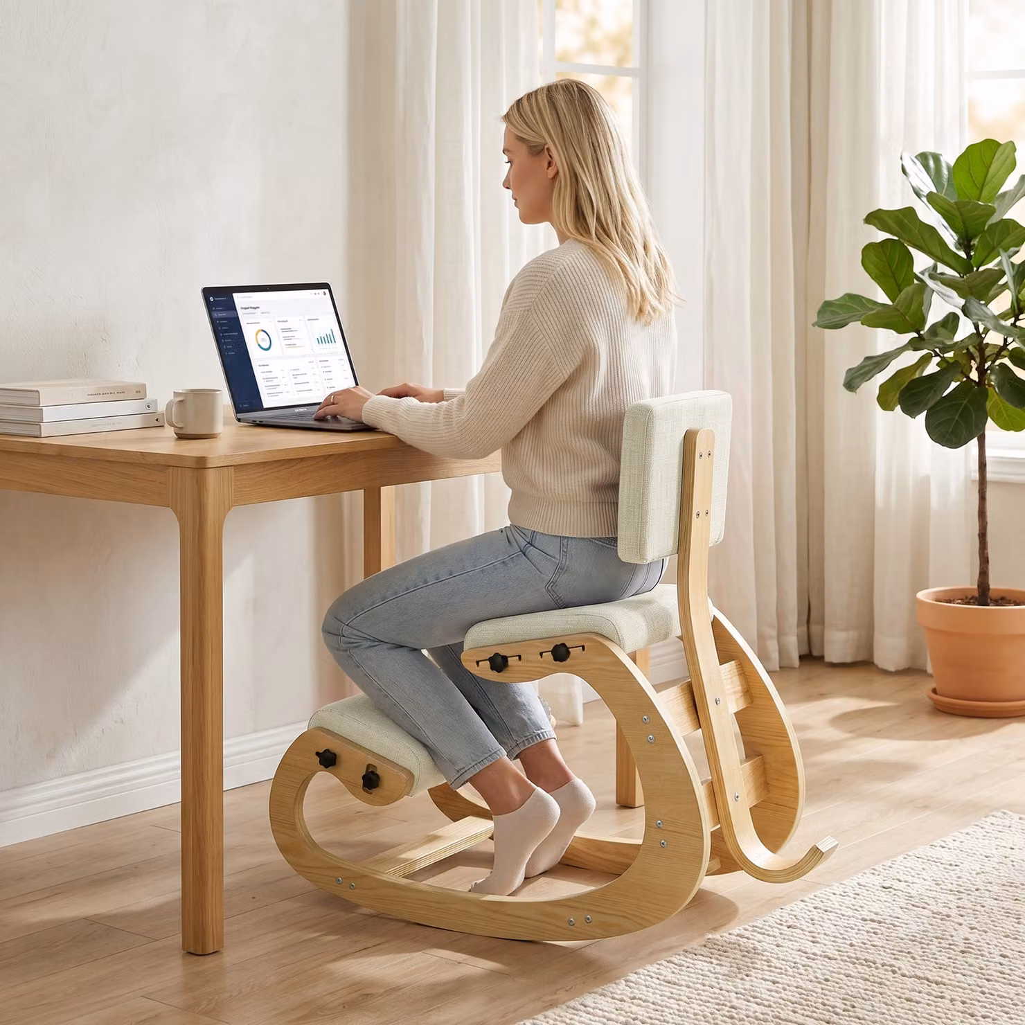 Sedia ergonomica da inginocchiamento HOMCOM per ufficio e casa in tessuto effetto lino e legno di betulla, colore crema – 2