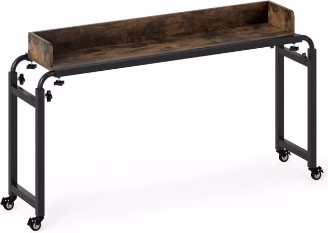 Scrivania mobile per letto matrimoniale con altezza regolabile, telaio in metallo e ruote, colore marrone e nero