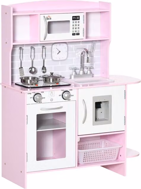 Cucina Giocattolo HOMCOM per Bambini con Fornelli, Luci e Suoni, Microonde, Colore Rosa
