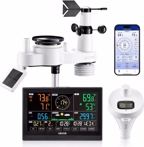 Stazione Meteorologica Wi-Fi VEVOR con APP, Display VA da 190 mm, Sensore Esterno Wireless a Energia Solare, Pluviometro e Termometro per Piscina, Colore Bianco