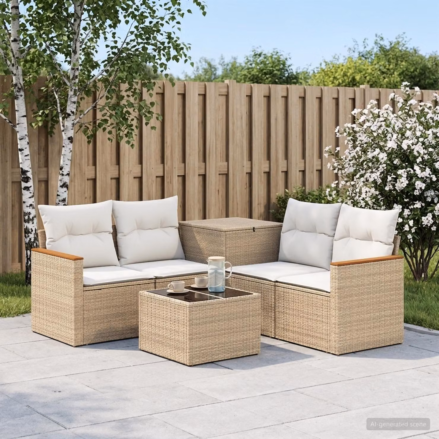 Set di divani da giardino vidaXL in polyrattan beige e bianco crema con tavolo da caffè e cuscini inclusi
