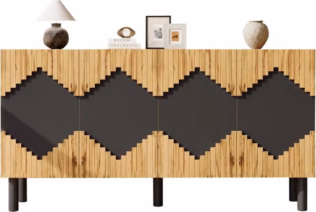 Credenza Moderna 140 cm a 2 Ante con Motivo a Rombi 3D; Mobile Buffet Legno e Nero per Soggiorno e Ingresso